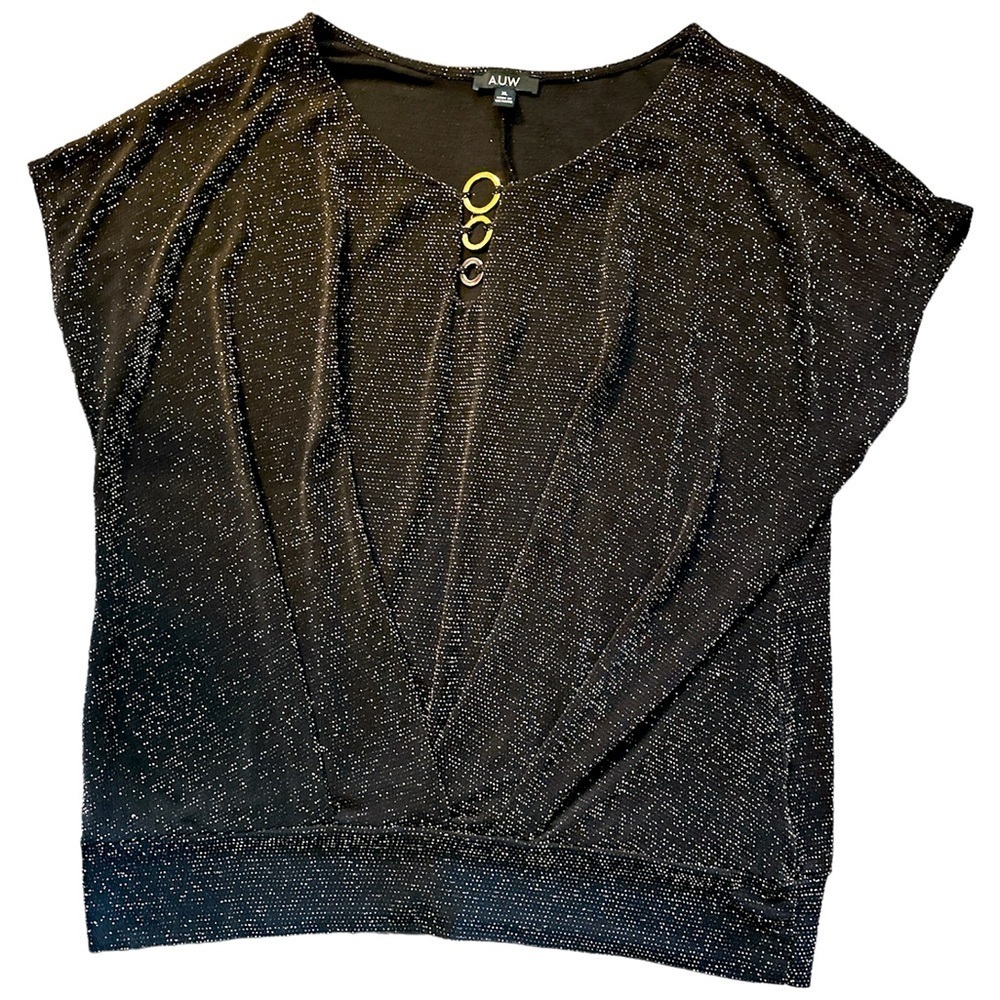 Women's AUW black & gold shimmer Blouse with 3 Ring Accent Neckline size XL